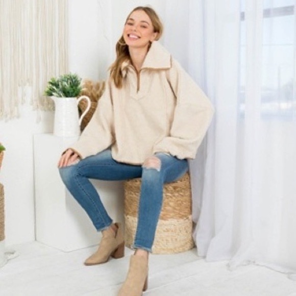 CREAM CONTRAST SHEARLING STYLE OVERSIZED ZIP UP PULLOVER SWEATER - Picture 12 of 12